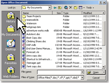 The Open and Save dialog is shown because the Office 2000 dialog includes a new Place bar. The Places bar is convenient for navigation and to locate files.